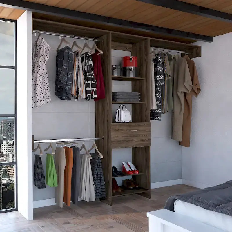 TUHOME Manchester 250 Closet System with 5 Open Shelves, 1 Drawer, and 3 Metal Rods - N/A
