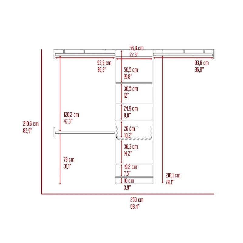 Système de placard d'angle blanc / wengé / noyer foncé – 5 étagères, 1 tiroir, 3 tringles