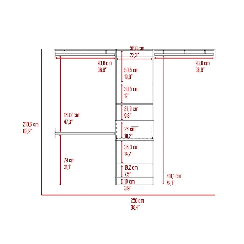 Système de placard d'angle blanc / wengé / noyer foncé – 5 étagères, 1 tiroir, 3 tringles