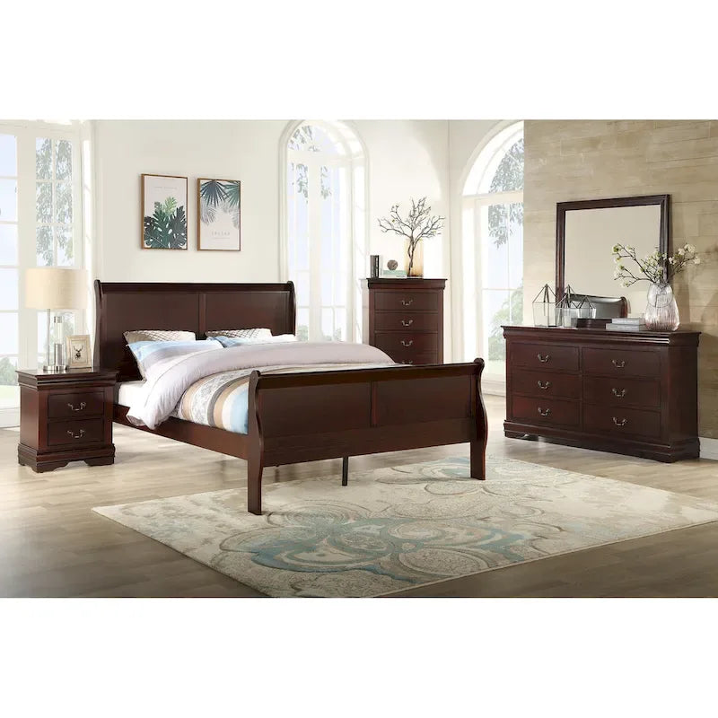 Ensemble de chambre à coucher 6 pièces style traîneau au fini cerisier – 1 personne (lits jumeaux/double/grand lit/très grand lit)