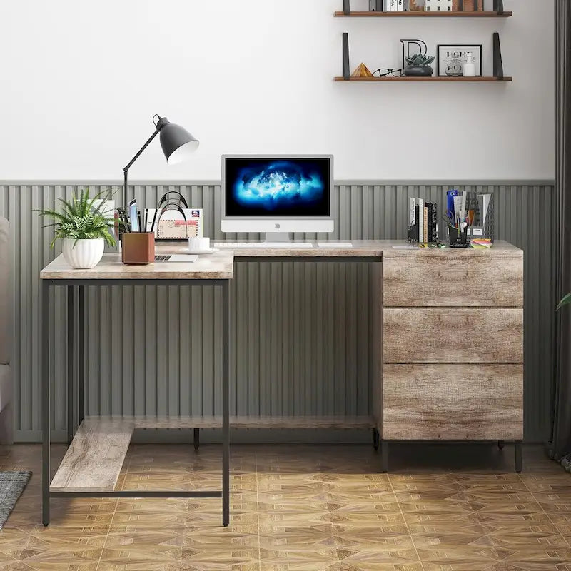 Bureau d'angle en L avec tiroirs, bois véritable / marron foncé, 2 personnes