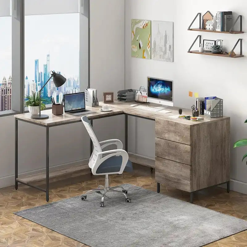 Bureau d'angle en L avec tiroirs, bois véritable / marron foncé, 2 personnes