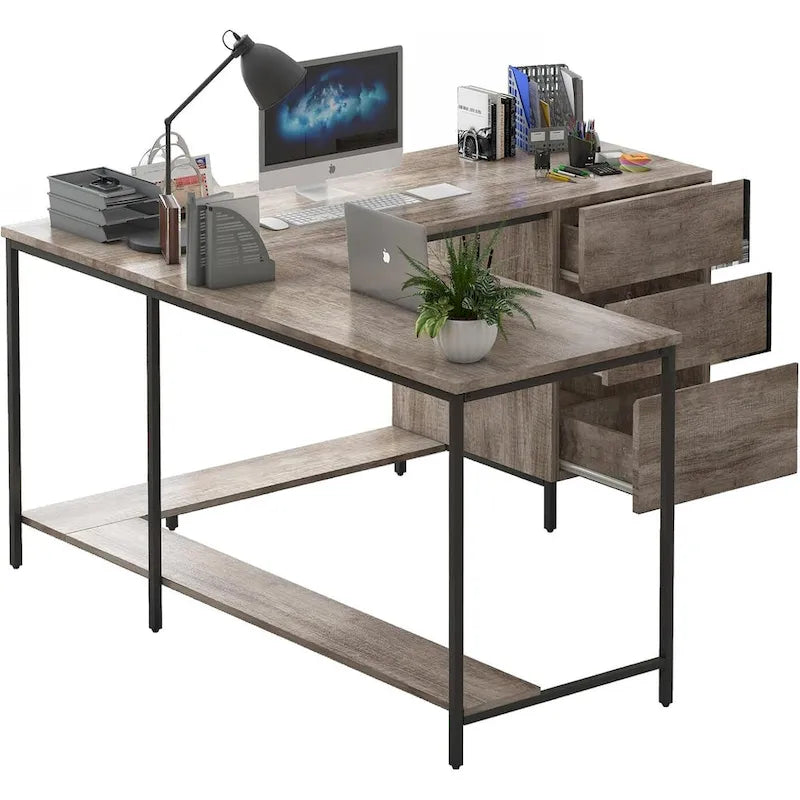 Bureau d'angle en L avec tiroirs, bois véritable / marron foncé, 2 personnes