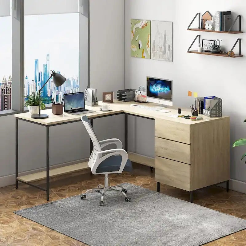 Bureau d'angle en L avec tiroirs, bois véritable / marron foncé, 2 personnes