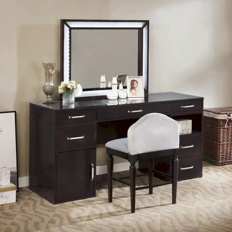 Ensemble coiffeuse 3 pièces 6 tiroirs Obsidian Grey / Luminous White pour 1 personne
