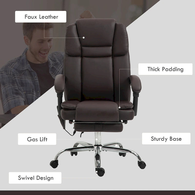 Fauteuil de bureau massant inclinable noir/marron avec repose-pieds, monopersonne