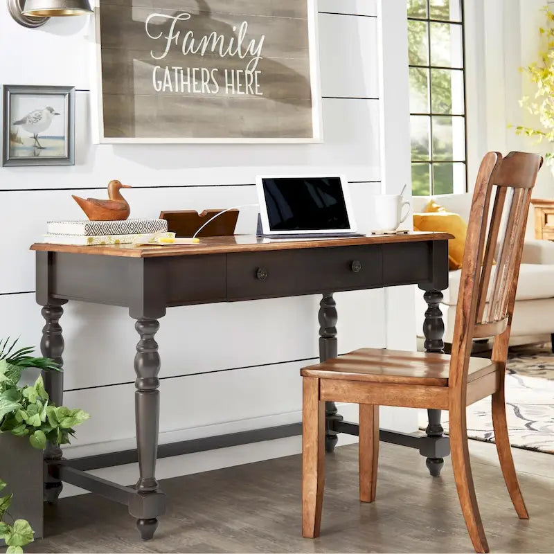 Bureau antique 1 tiroir avec station de charge USB, Individuel, Noir antique / Gris / Blanc