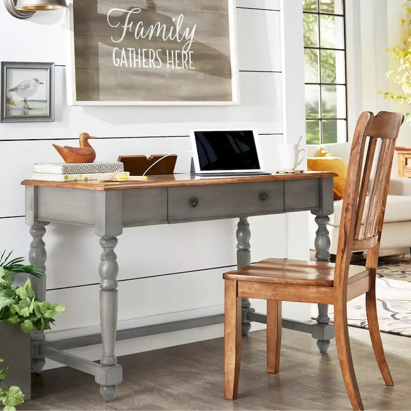 Bureau antique 1 tiroir avec station de charge USB, Individuel, Noir antique / Gris / Blanc