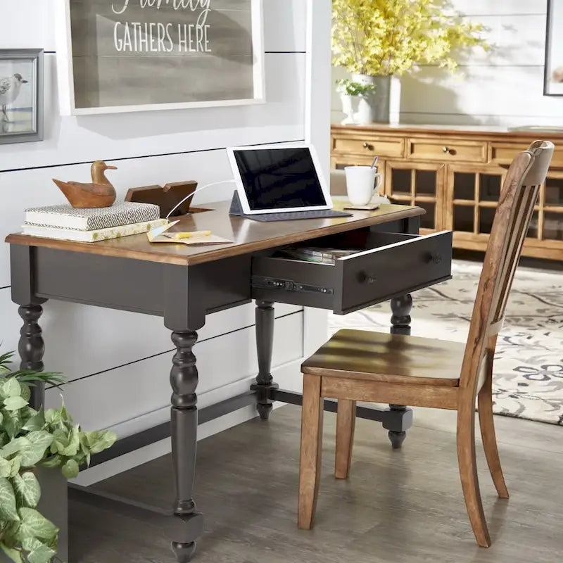 Bureau antique 1 tiroir avec station de charge USB, Individuel, Noir antique / Gris / Blanc