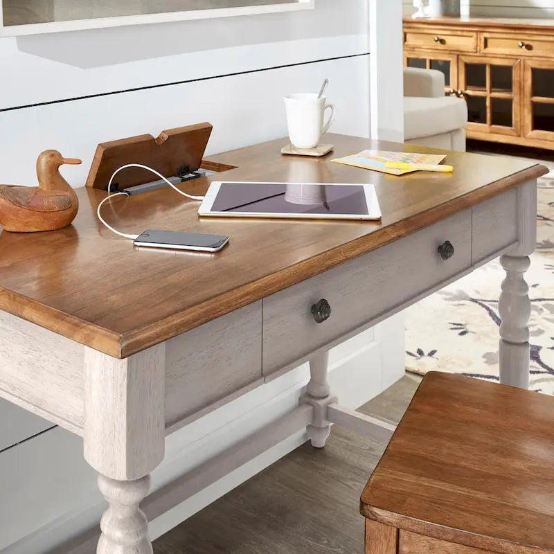 Bureau antique 1 tiroir avec station de charge USB, Individuel, Noir antique / Gris / Blanc