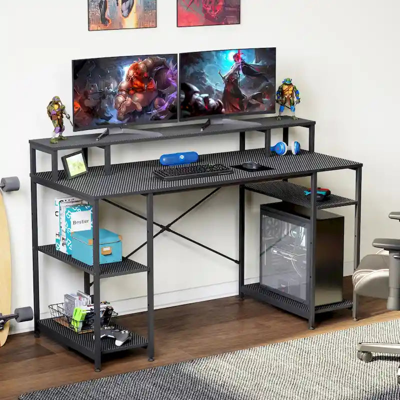 Bureau d'ordinateur en fibre de carbone/chêne/anthracite/gris avec étagère pour moniteur, double moniteur, 140 cm