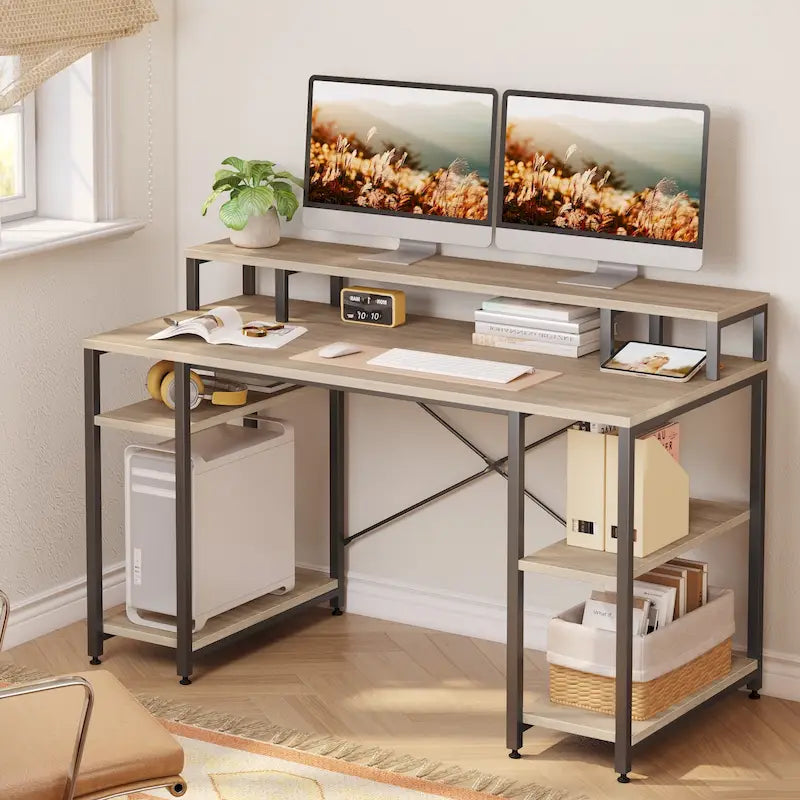 Bureau d'ordinateur en fibre de carbone/chêne/anthracite/gris avec étagère pour moniteur, double moniteur, 140 cm