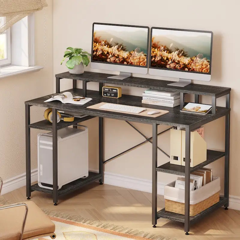 Bureau d'ordinateur en fibre de carbone/chêne/anthracite/gris avec étagère pour moniteur, double moniteur, 140 cm