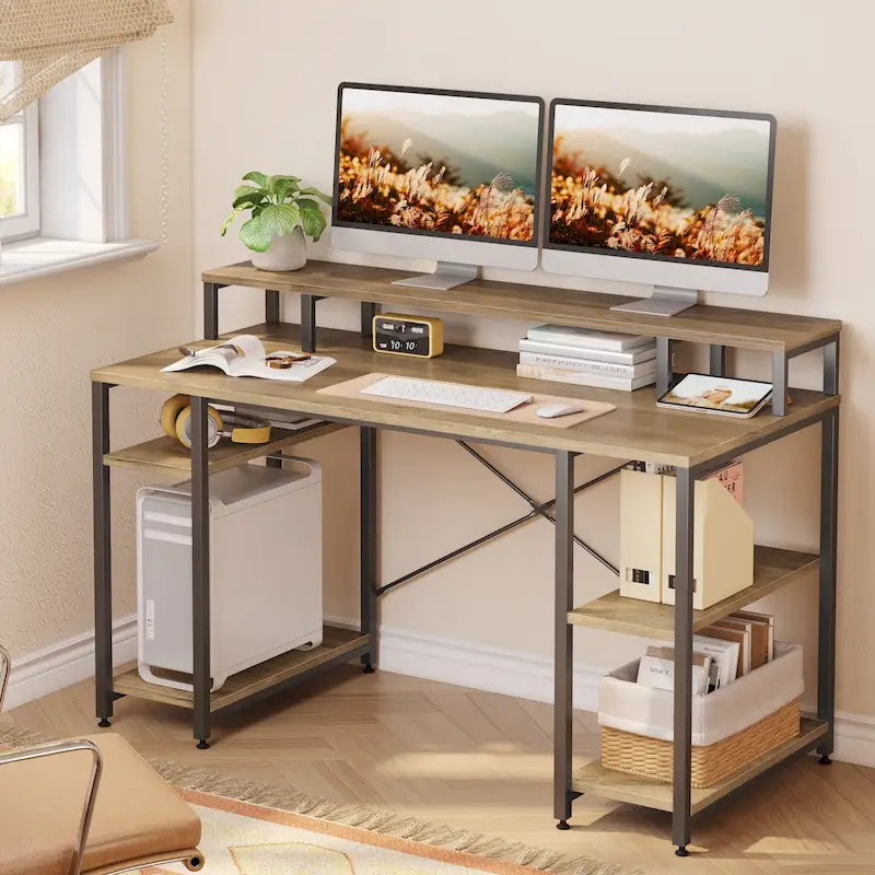 Bureau d'ordinateur en fibre de carbone/chêne/anthracite/gris avec étagère pour moniteur, double moniteur, 140 cm