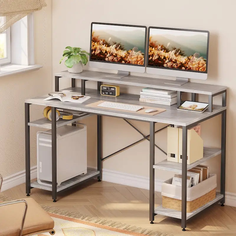 Bureau d'ordinateur en fibre de carbone/chêne/anthracite/gris avec étagère pour moniteur, double moniteur, 140 cm