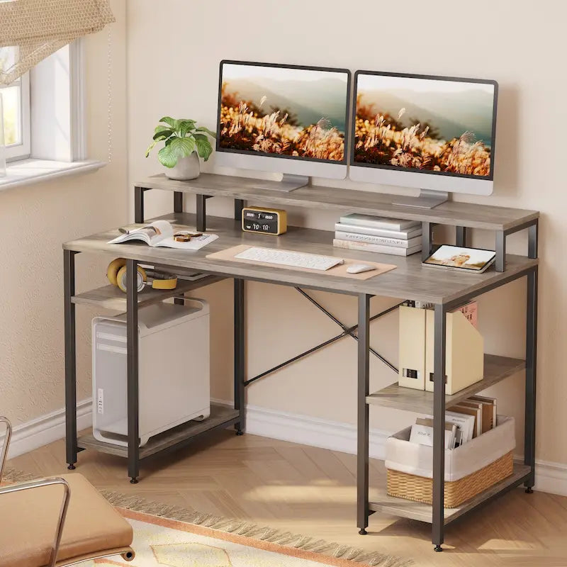 Bureau d'ordinateur en fibre de carbone/chêne/anthracite/gris avec étagère pour moniteur, double moniteur, 140 cm