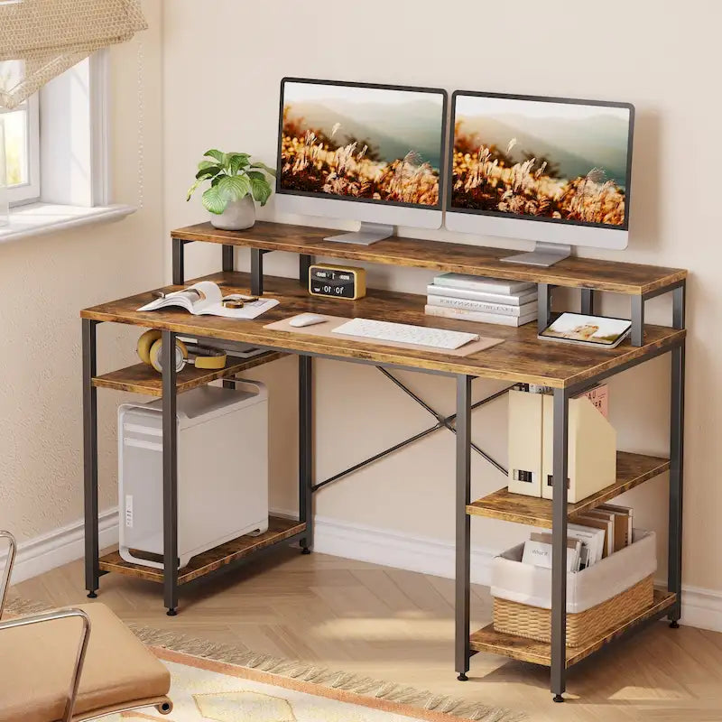Bureau d'ordinateur en fibre de carbone/chêne/anthracite/gris avec étagère pour moniteur, double moniteur, 140 cm