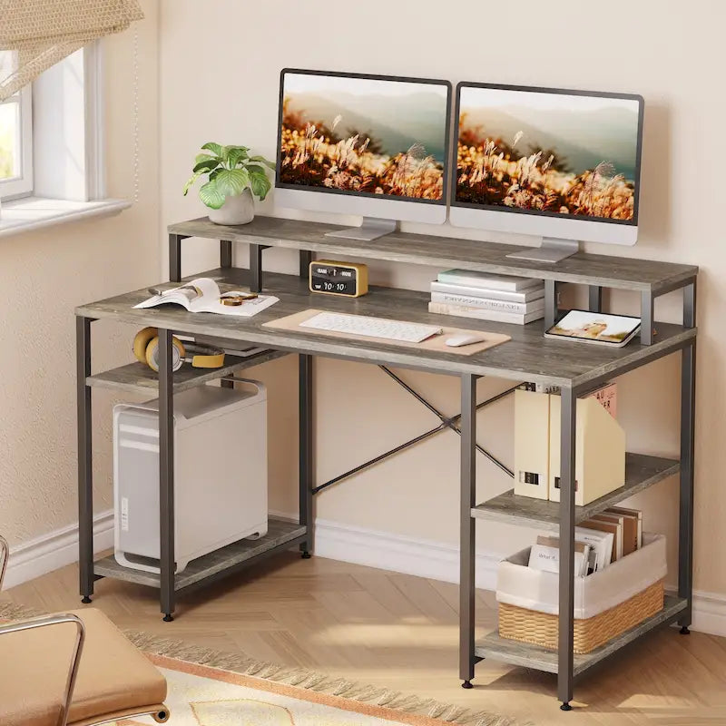 Bureau d'ordinateur en fibre de carbone/chêne/anthracite/gris avec étagère pour moniteur, double moniteur, 140 cm