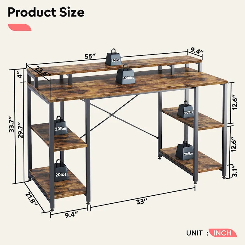 Bureau d'ordinateur en fibre de carbone/chêne/anthracite/gris avec étagère pour moniteur, double moniteur, 140 cm
