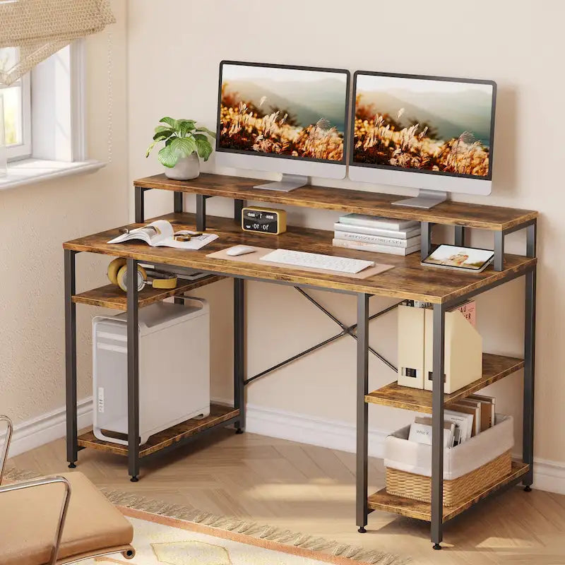 Bureau d'ordinateur en fibre de carbone/chêne/anthracite/gris avec étagère pour moniteur, double moniteur, 140 cm