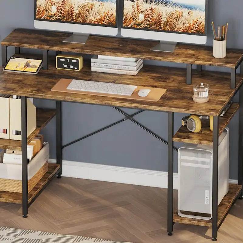 Bureau d'ordinateur en fibre de carbone/chêne/anthracite/gris avec étagère pour moniteur, double moniteur, 140 cm