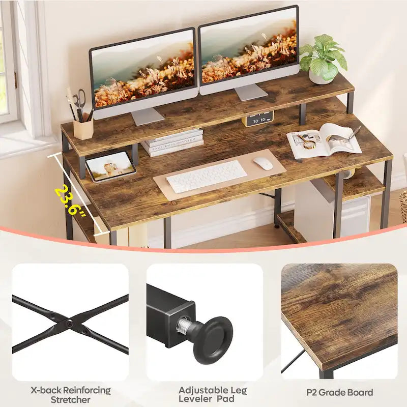Bureau d'ordinateur en fibre de carbone/chêne/anthracite/gris avec étagère pour moniteur, double moniteur, 140 cm