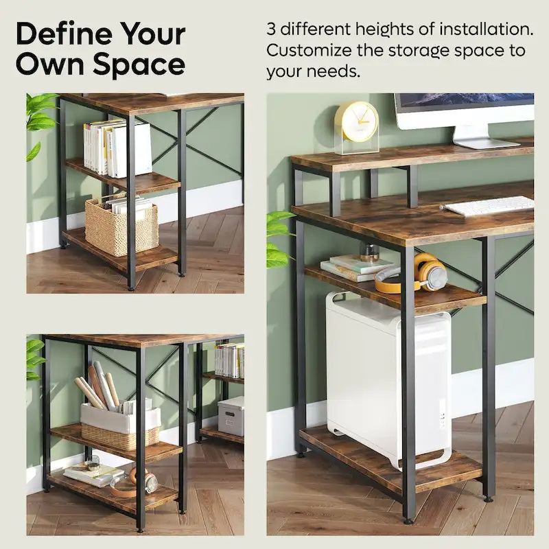 Bureau d'ordinateur 55 pouces en fibre de carbone / chêne / anthracite / gris avec étagère pour moniteur, double écran