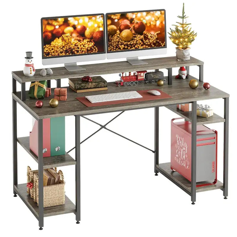 Bureau d'ordinateur 55 pouces en fibre de carbone / chêne / anthracite / gris avec étagère pour moniteur, double écran
