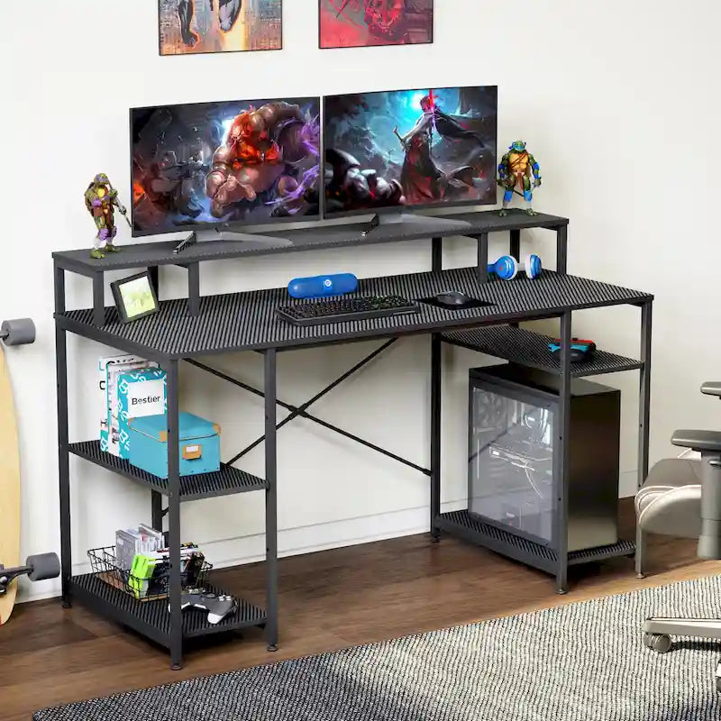 Bureau d'ordinateur 55 pouces en fibre de carbone / chêne / anthracite / gris avec étagère pour moniteur, double écran