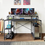 Bureau d'ordinateur 55 pouces en fibre de carbone / chêne / anthracite / gris avec étagère pour moniteur, double écran
