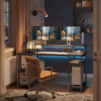 Bureau d'ordinateur 55 pouces en fibre de carbone / chêne / anthracite / gris avec étagère pour moniteur, double écran