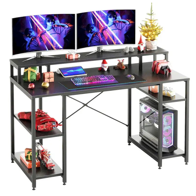 Bureau d'ordinateur 55 pouces en fibre de carbone / chêne / anthracite / gris avec étagère pour moniteur, double écran