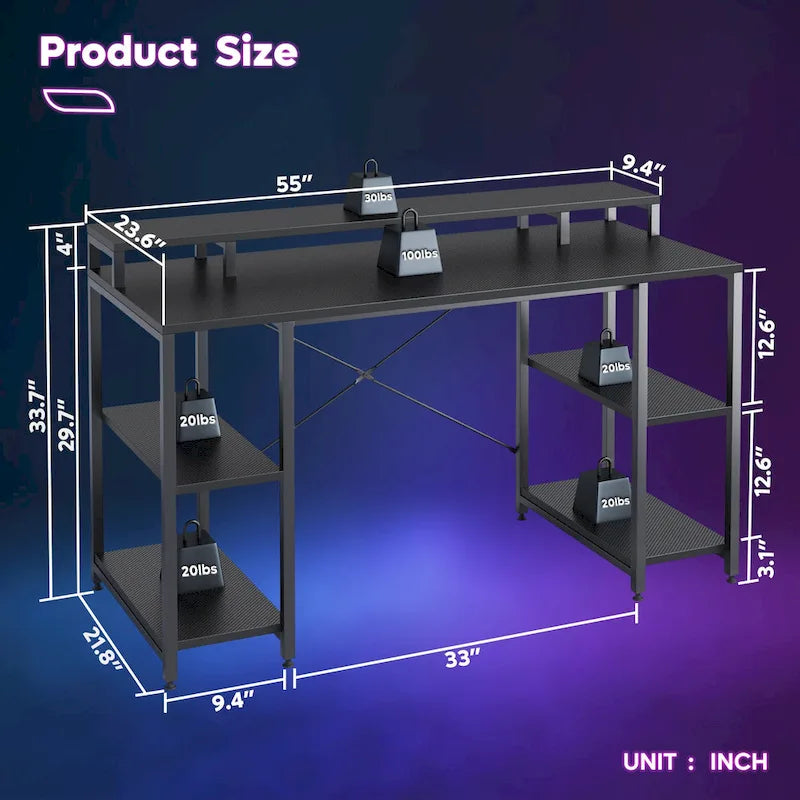 Bureau d'ordinateur 55 pouces en fibre de carbone / chêne / anthracite / gris avec étagère pour moniteur, double écran