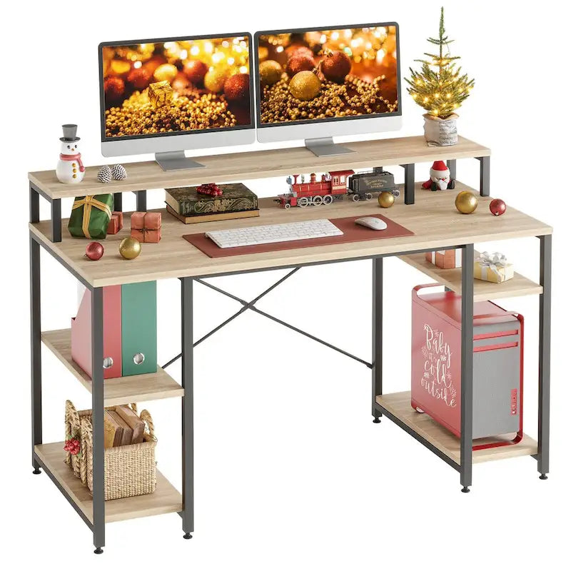 Bureau d'ordinateur 55 pouces en fibre de carbone / chêne / anthracite / gris avec étagère pour moniteur, double écran