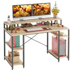 Bureau d'ordinateur 55 pouces en fibre de carbone / chêne / anthracite / gris avec étagère pour moniteur, double écran