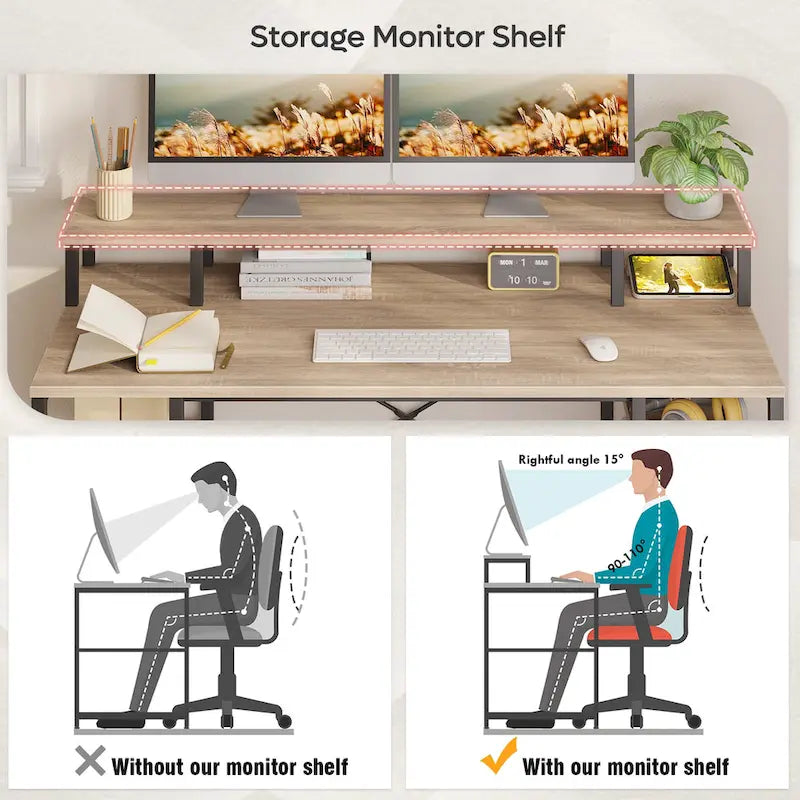 Bureau d'ordinateur 55 pouces en fibre de carbone / chêne / anthracite / gris avec étagère pour moniteur, double écran