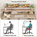 Bureau d'ordinateur 55 pouces en fibre de carbone / chêne / anthracite / gris avec étagère pour moniteur, double écran