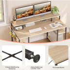 Bureau d'ordinateur 55 pouces en fibre de carbone / chêne / anthracite / gris avec étagère pour moniteur, double écran