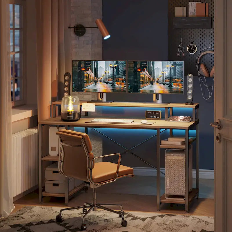 Bureau d'ordinateur 55 pouces en fibre de carbone / chêne / anthracite / gris avec étagère pour moniteur, double écran