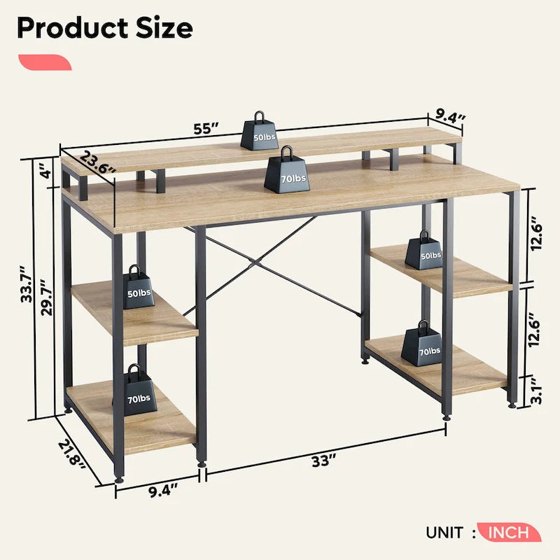 Bureau d'ordinateur 55 pouces en fibre de carbone / chêne / anthracite / gris avec étagère pour moniteur, double écran