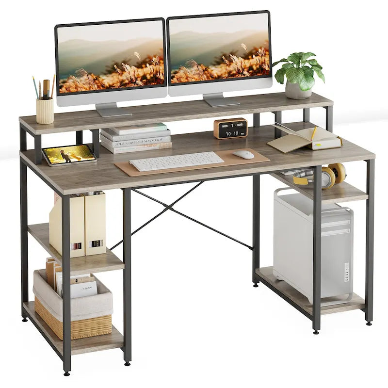 Bureau d'ordinateur 55 pouces en fibre de carbone / chêne / anthracite / gris avec étagère pour moniteur, double écran
