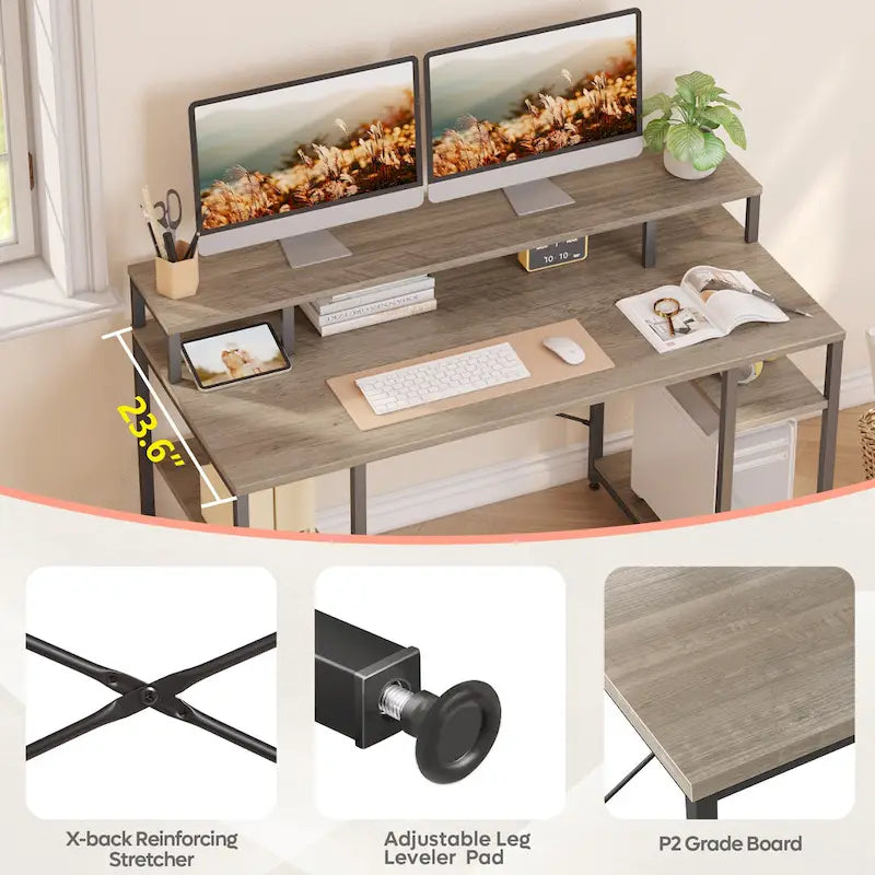Bureau d'ordinateur 55 pouces en fibre de carbone / chêne / anthracite / gris avec étagère pour moniteur, double écran