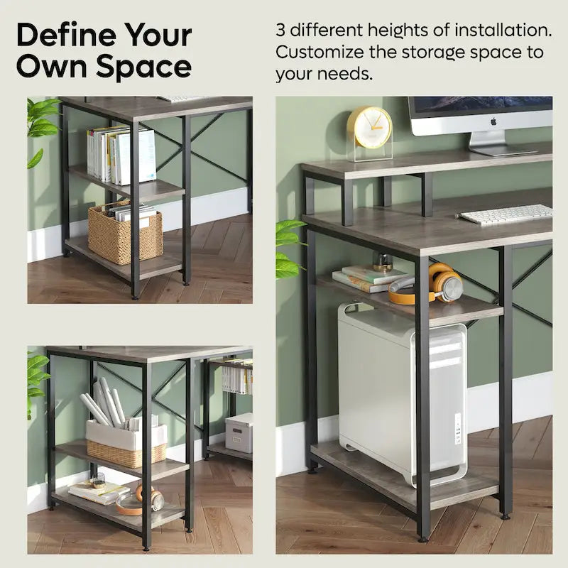 Bureau d'ordinateur 55 pouces en fibre de carbone / chêne / anthracite / gris avec étagère pour moniteur, double écran