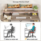 Bureau d'ordinateur 55 pouces en fibre de carbone / chêne / anthracite / gris avec étagère pour moniteur, double écran