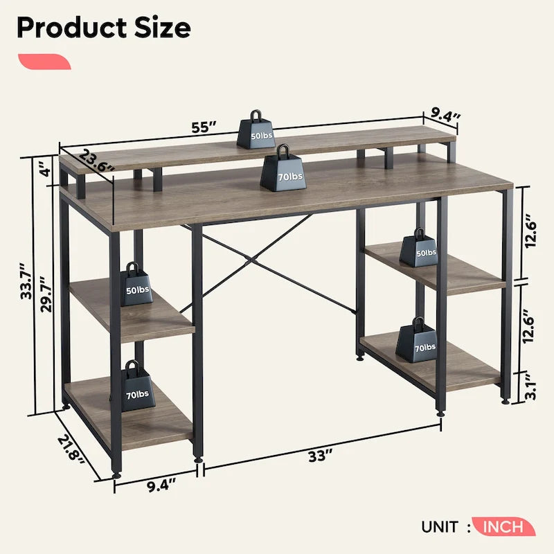 Bureau d'ordinateur 55 pouces en fibre de carbone / chêne / anthracite / gris avec étagère pour moniteur, double écran