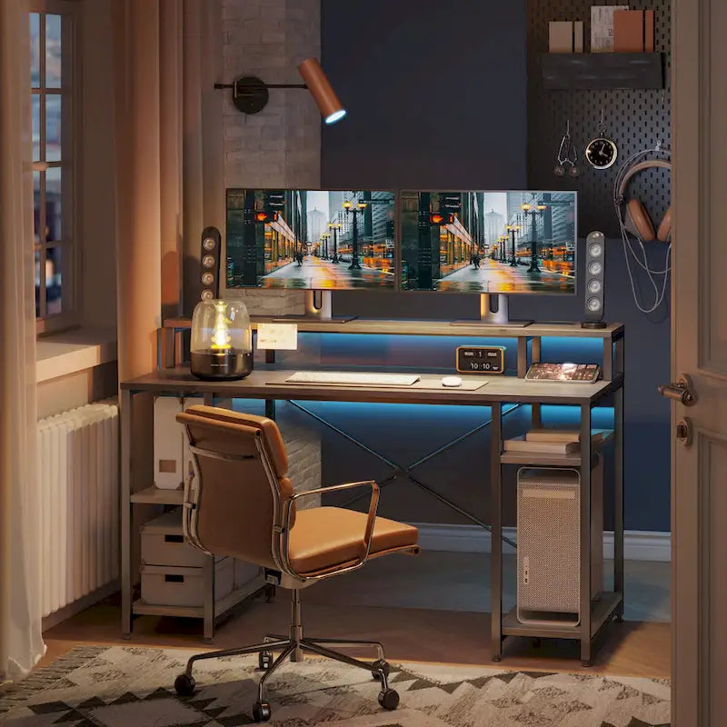 Bureau d'ordinateur 55 pouces en fibre de carbone / chêne / anthracite / gris avec étagère pour moniteur, double écran