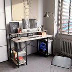 Bureau d'ordinateur 55 pouces en fibre de carbone / chêne / anthracite / gris avec étagère pour moniteur, double écran