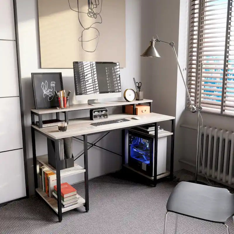 Bureau d'ordinateur 55 pouces en fibre de carbone / chêne / anthracite / gris avec étagère pour moniteur, double écran