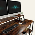 Bureau d'ordinateur 55 pouces en fibre de carbone / chêne / anthracite / gris avec étagère pour moniteur, double écran