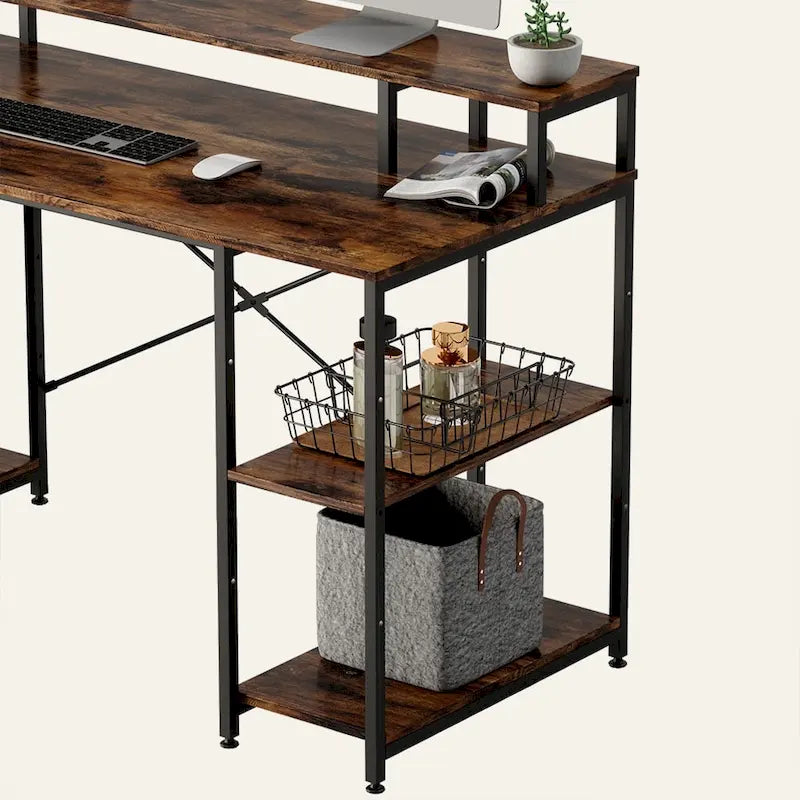 Bureau d'ordinateur 55 pouces en fibre de carbone / chêne / anthracite / gris avec étagère pour moniteur, double écran